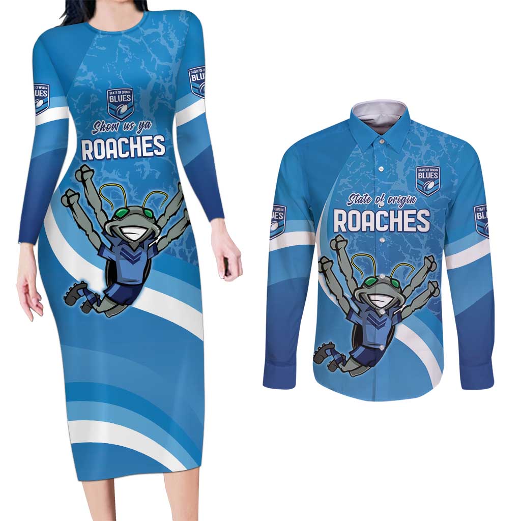 Custom NSW Cockroaches Blues Couples Matching Long Sleeve Bodycon Dress and Long Sleeve Button Shirt New South Wales Origin No2