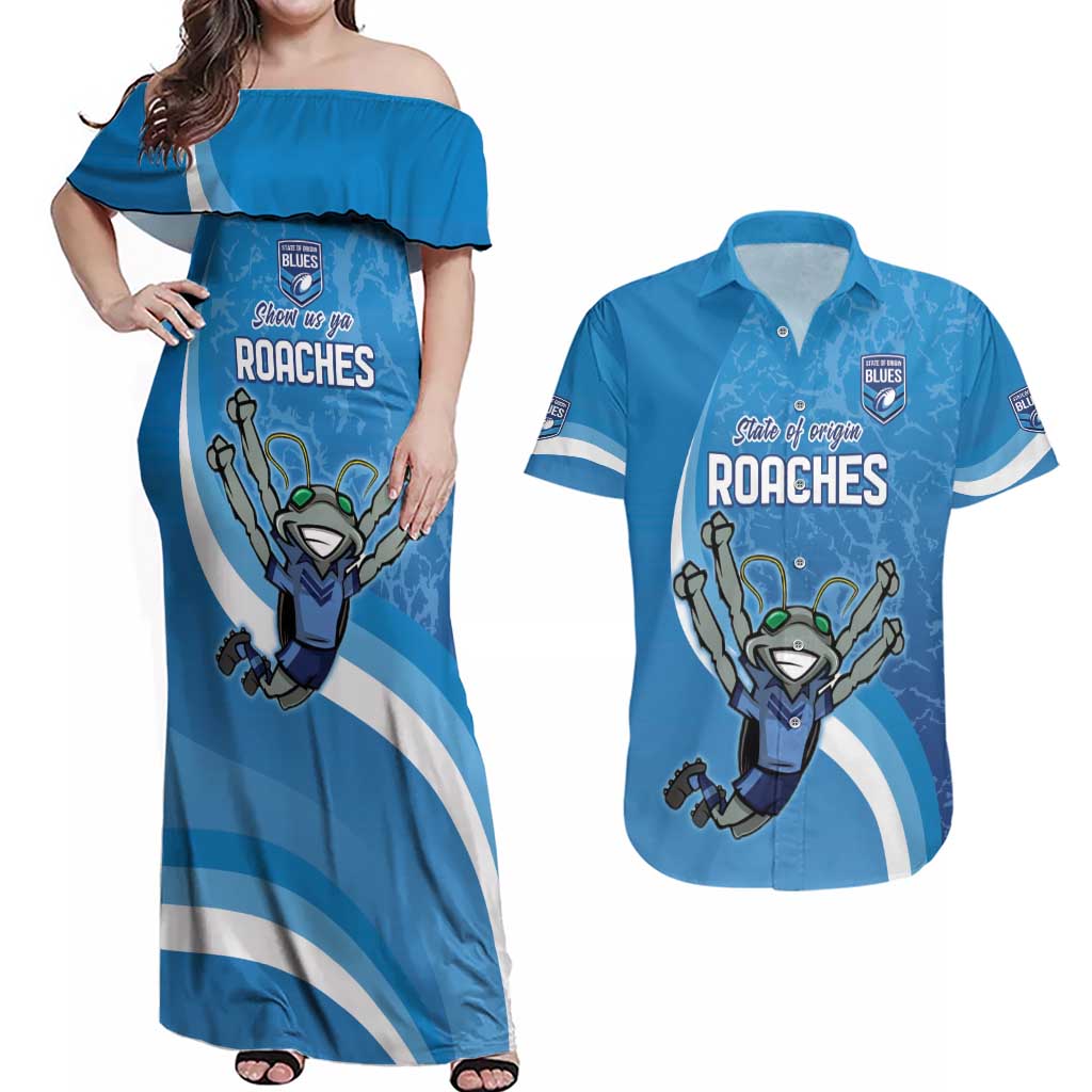 Custom NSW Cockroaches Blues Couples Matching Off Shoulder Maxi Dress and Hawaiian Shirt New South Wales Origin No2