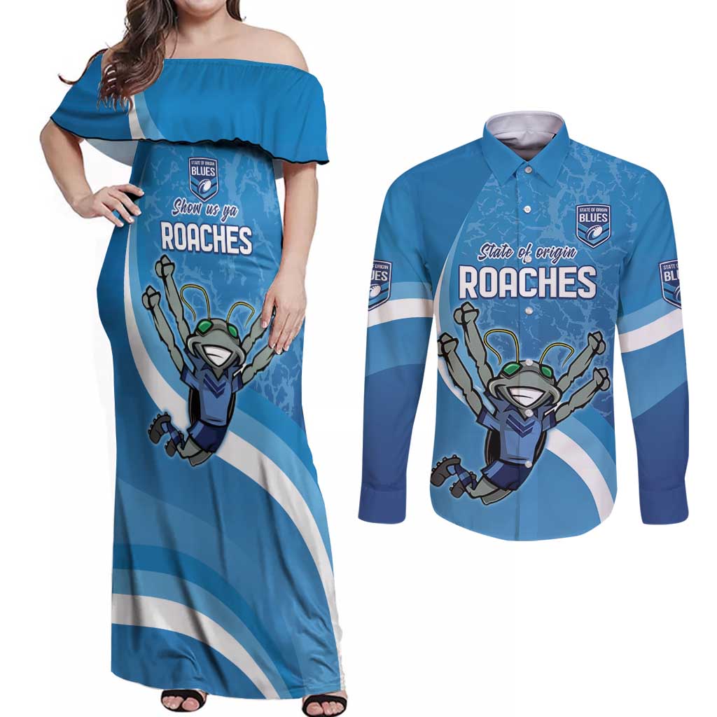 Custom NSW Cockroaches Blues Couples Matching Off Shoulder Maxi Dress and Long Sleeve Button Shirt New South Wales Origin No2