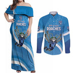 Custom NSW Cockroaches Blues Couples Matching Off Shoulder Maxi Dress and Long Sleeve Button Shirt New South Wales Origin No2