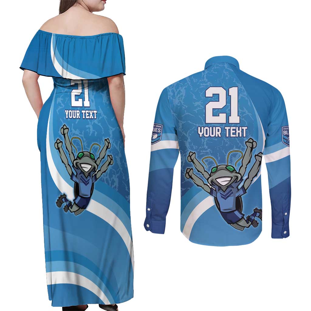 Custom NSW Cockroaches Blues Couples Matching Off Shoulder Maxi Dress and Long Sleeve Button Shirt New South Wales Origin No2