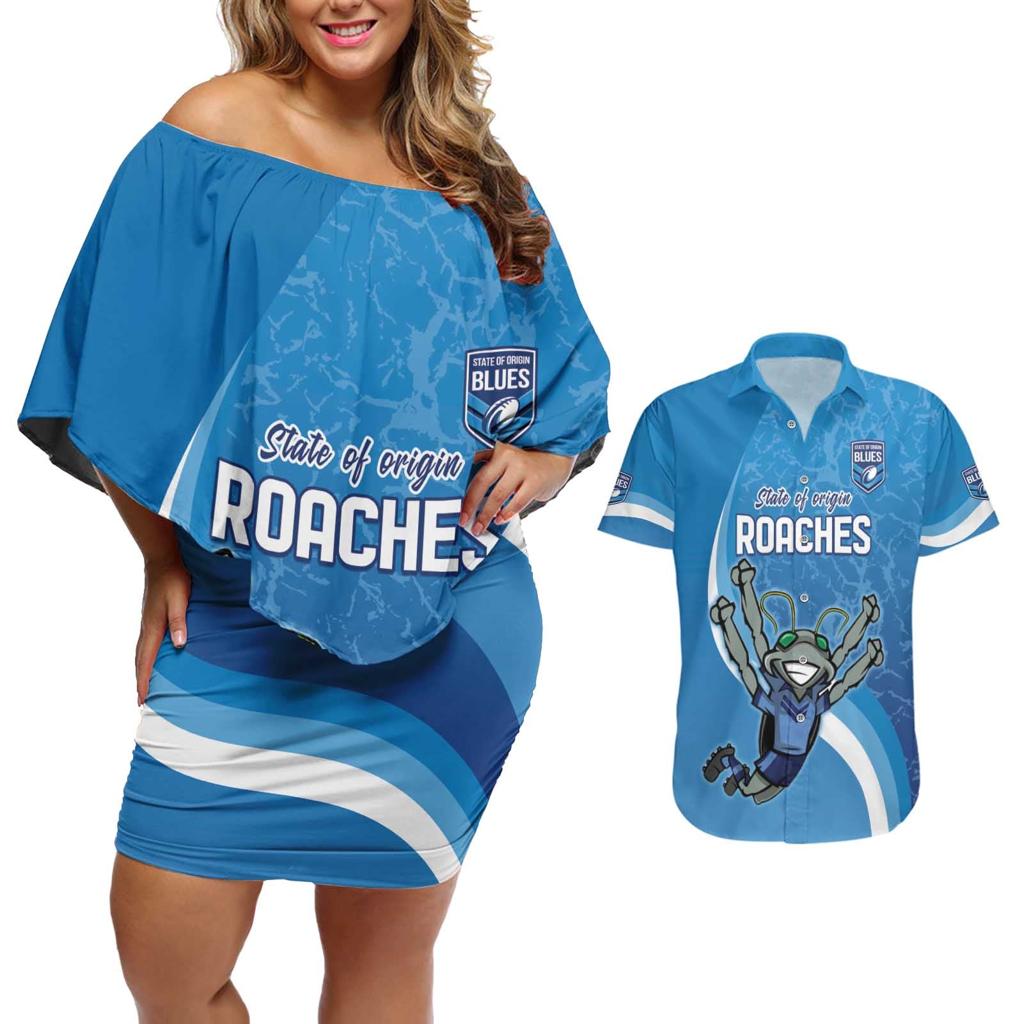 Custom NSW Cockroaches Blues Couples Matching Off Shoulder Short Dress and Hawaiian Shirt New South Wales Origin No2
