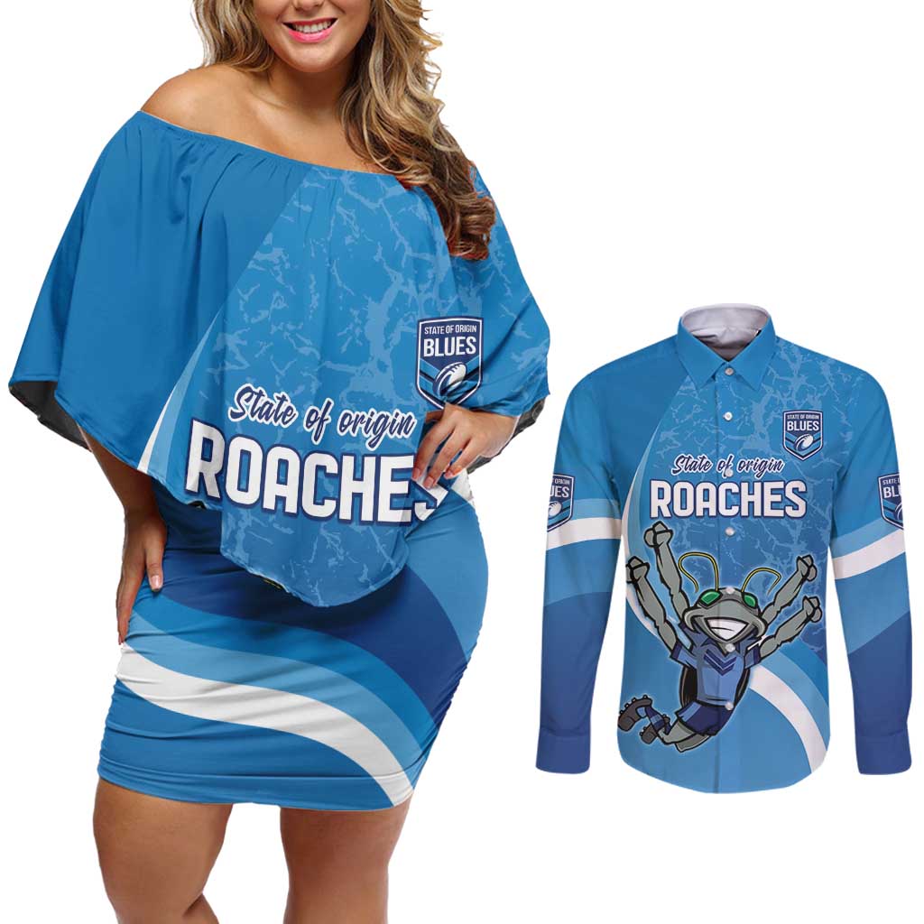 Custom NSW Cockroaches Blues Couples Matching Off Shoulder Short Dress and Long Sleeve Button Shirt New South Wales Origin No2