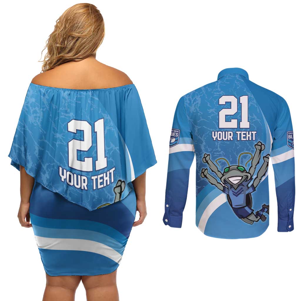 Custom NSW Cockroaches Blues Couples Matching Off Shoulder Short Dress and Long Sleeve Button Shirt New South Wales Origin No2