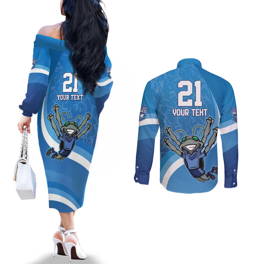 Custom NSW Cockroaches Blues Couples Matching Off The Shoulder Long Sleeve Dress and Long Sleeve Button Shirt New South Wales Origin No2