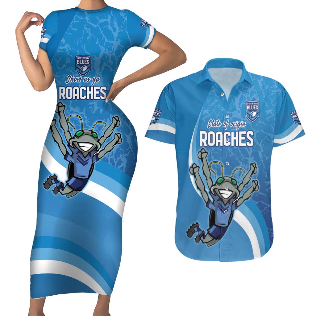 Custom NSW Cockroaches Blues Couples Matching Short Sleeve Bodycon Dress and Hawaiian Shirt New South Wales Origin No2