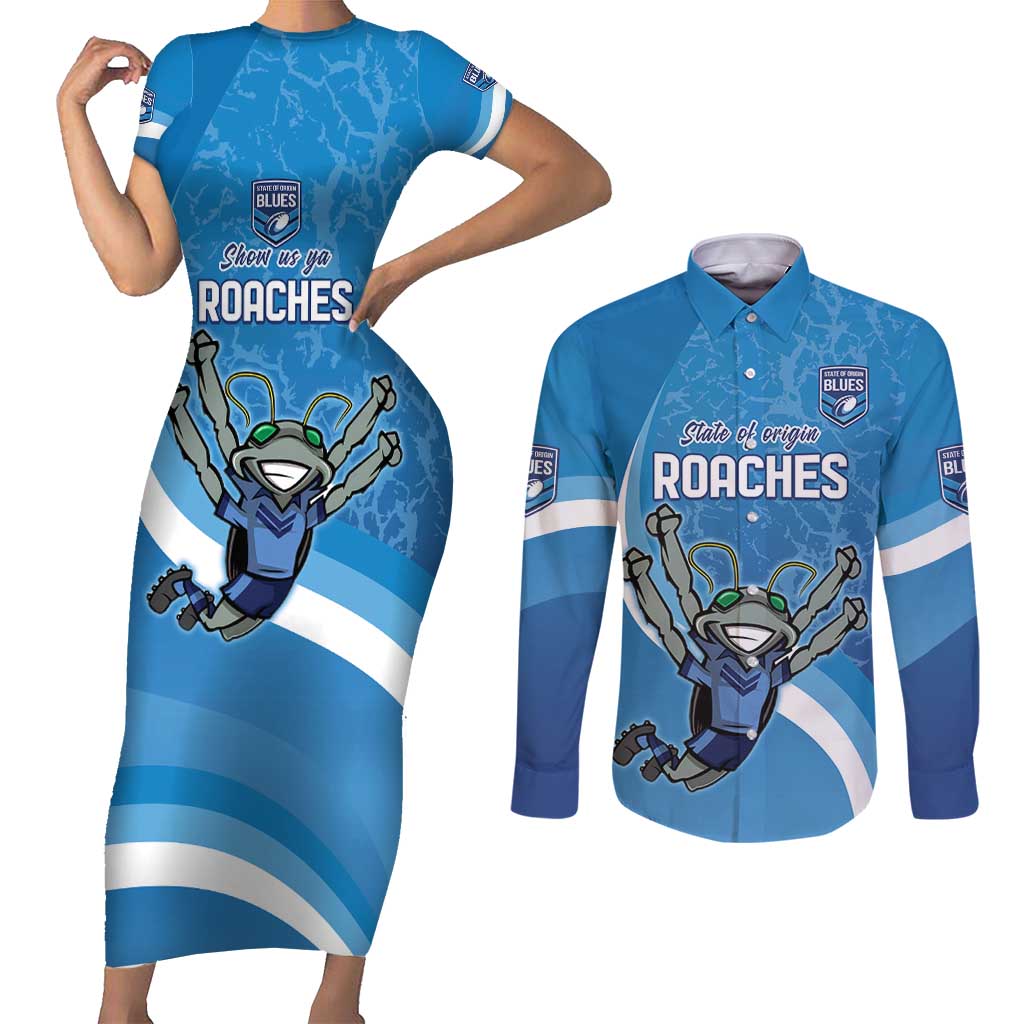 Custom NSW Cockroaches Blues Couples Matching Short Sleeve Bodycon Dress and Long Sleeve Button Shirt New South Wales Origin No2