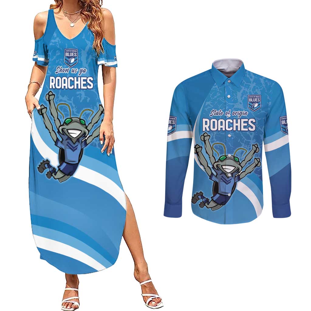 Custom NSW Cockroaches Blues Couples Matching Summer Maxi Dress and Long Sleeve Button Shirt New South Wales Origin No2