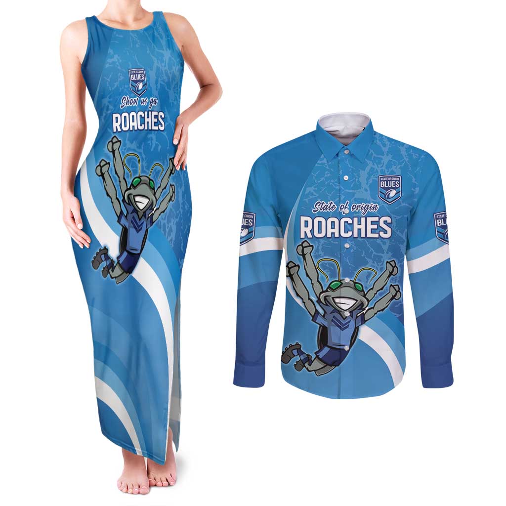 Custom NSW Cockroaches Blues Couples Matching Tank Maxi Dress and Long Sleeve Button Shirt New South Wales Origin No2