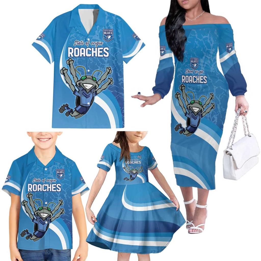 Custom NSW Cockroaches Blues Family Matching Off The Shoulder Long Sleeve Dress and Hawaiian Shirt New South Wales Origin No2