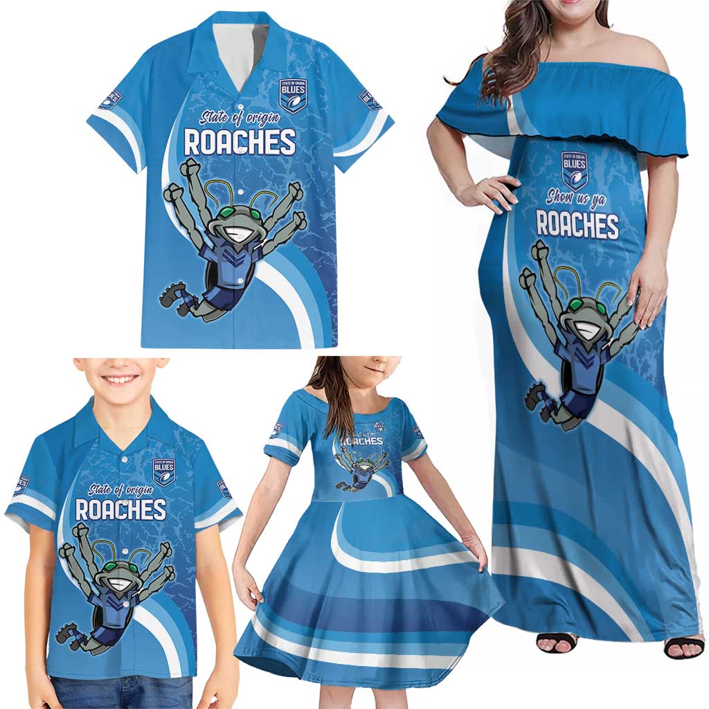 Custom NSW Cockroaches Blues Family Matching Off Shoulder Maxi Dress and Hawaiian Shirt New South Wales Origin No2