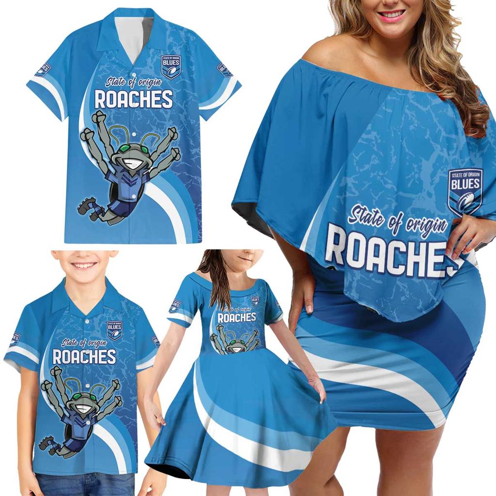 Custom NSW Cockroaches Blues Family Matching Off Shoulder Short Dress and Hawaiian Shirt New South Wales Origin No2