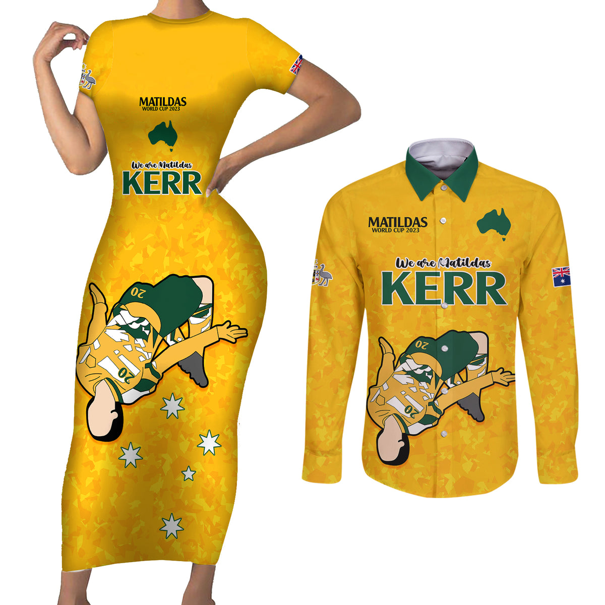 sam-kerr-matildas-couples-matching-short-sleeve-bodycon-dress-and-long-sleeve-button-shirts-australia-soccer-go-world-cup-2023