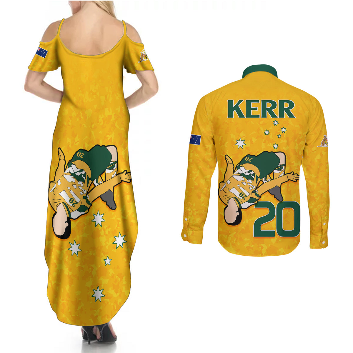 sam-kerr-matildas-couples-matching-summer-maxi-dress-and-long-sleeve-button-shirts-australia-soccer-go-world-cup-2023