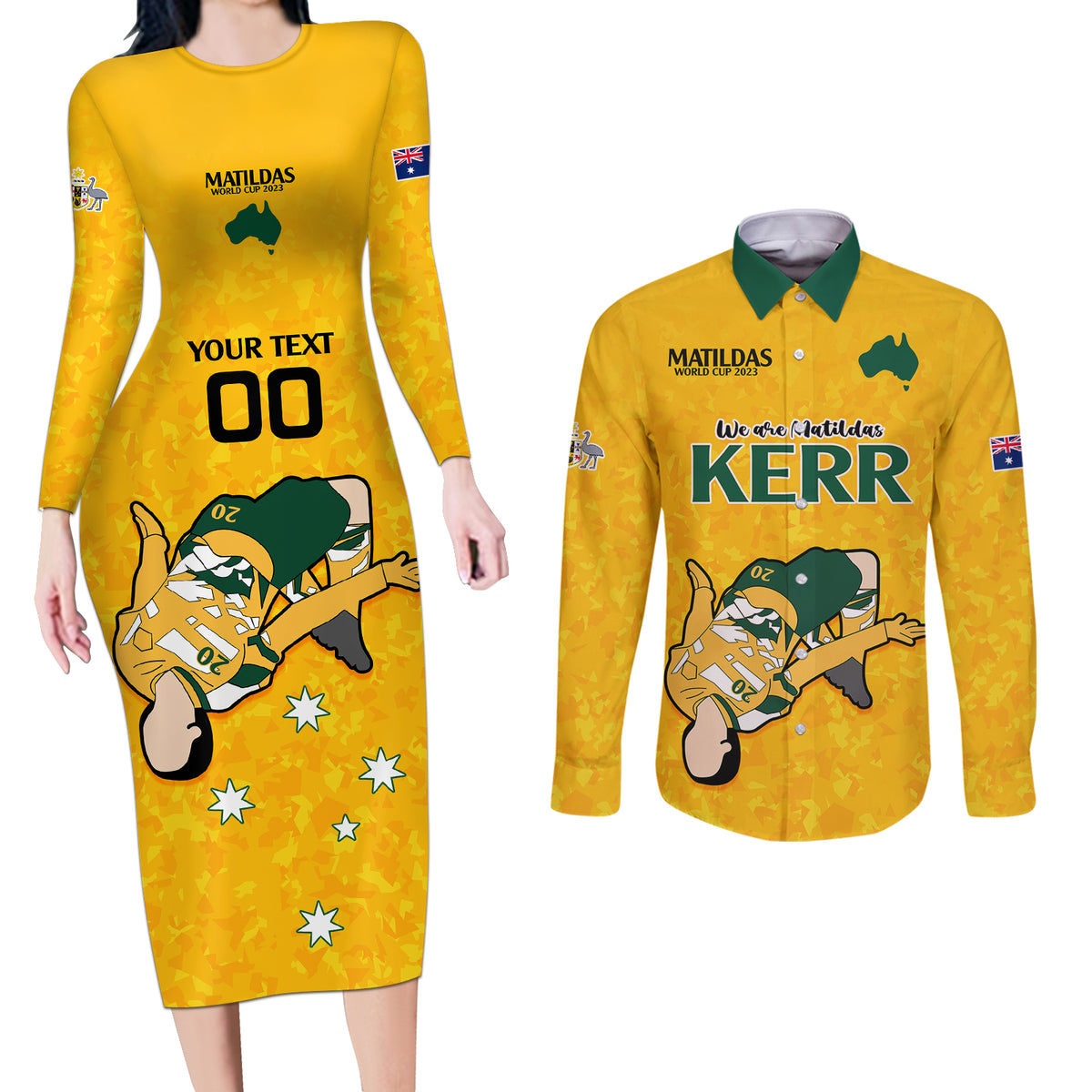 custom-sam-kerr-matildas-couples-matching-long-sleeve-bodycon-dress-and-long-sleeve-button-shirts-australia-soccer-go-world-cup-2023