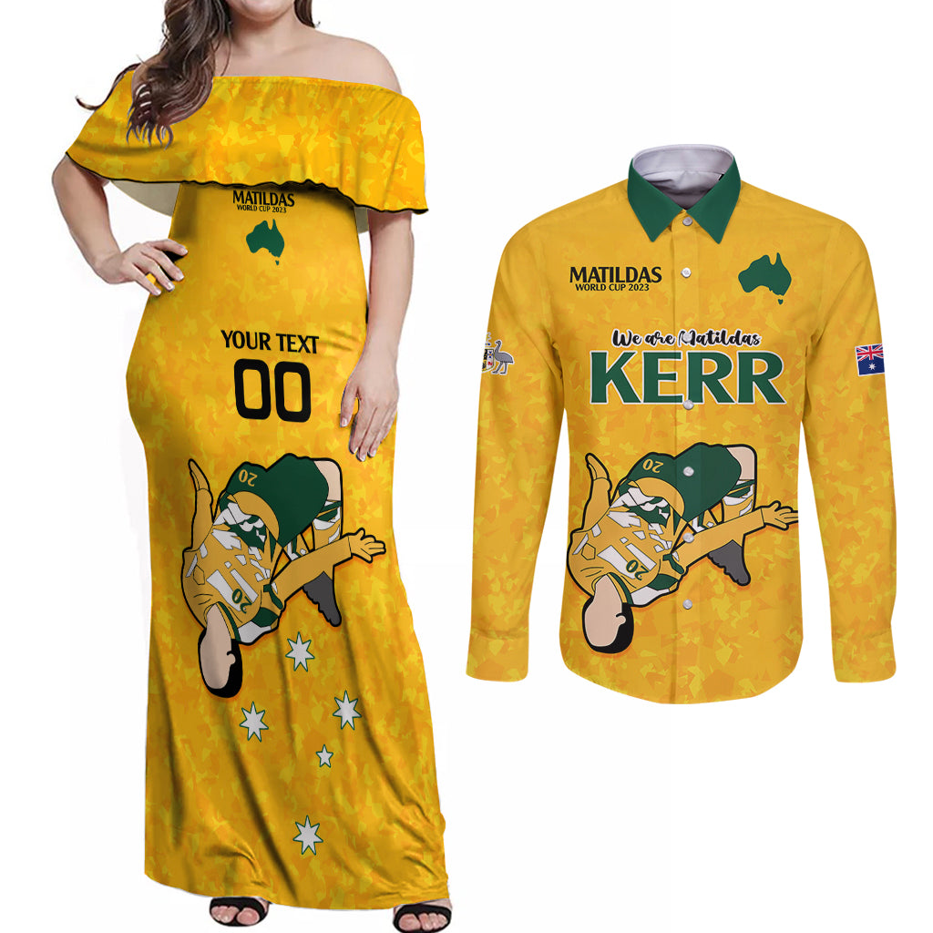 custom-sam-kerr-matildas-couples-matching-off-shoulder-maxi-dress-and-long-sleeve-button-shirts-australia-soccer-go-world-cup-2023