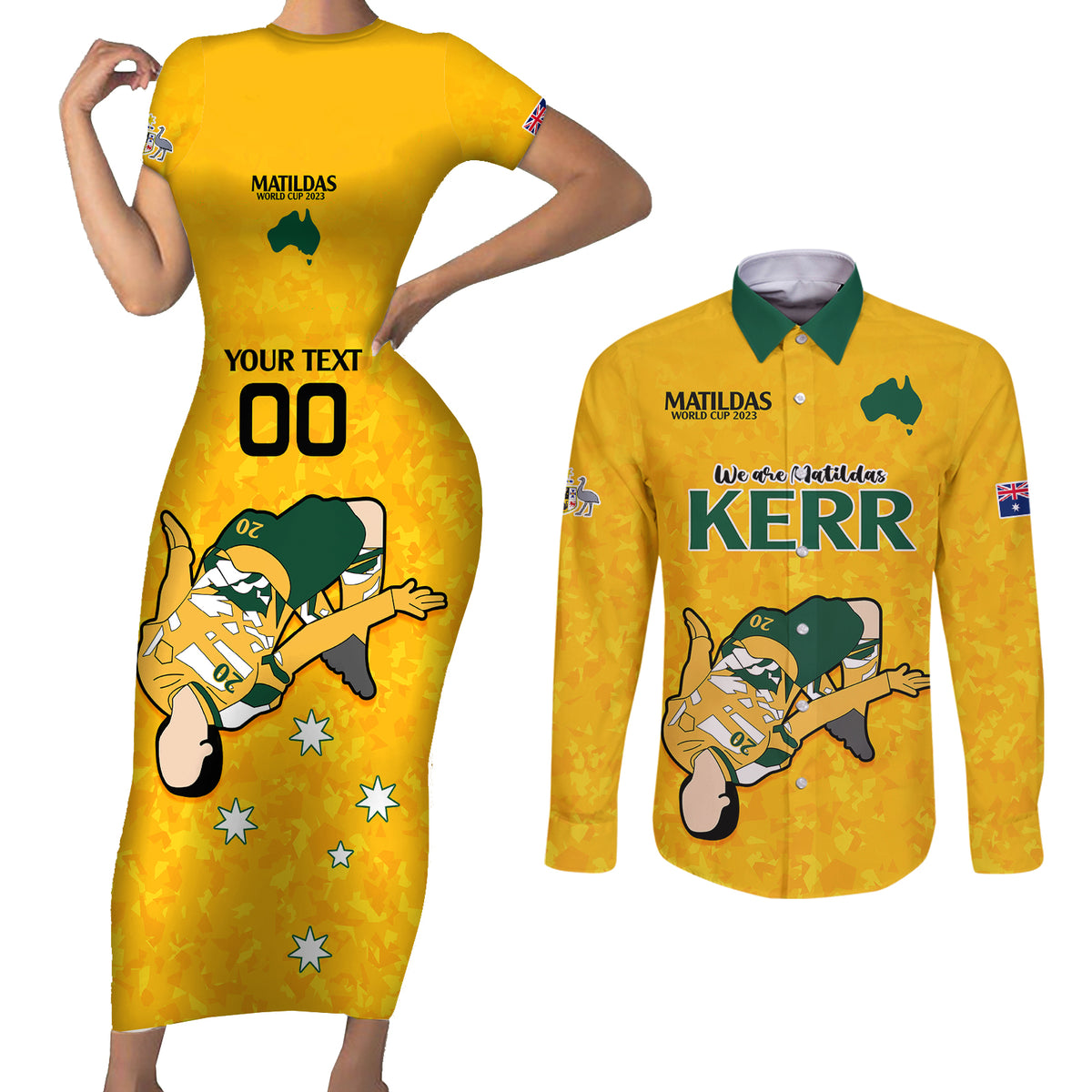 custom-sam-kerr-matildas-couples-matching-short-sleeve-bodycon-dress-and-long-sleeve-button-shirts-australia-soccer-go-world-cup-2023