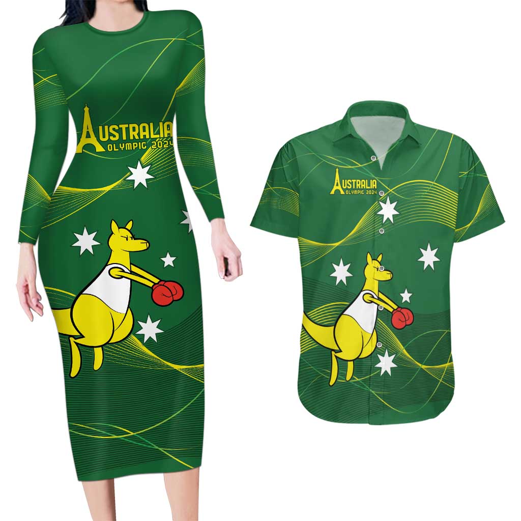 Personalised Australia Go Paris 2024 Couples Matching Long Sleeve Bodycon Dress and Hawaiian Shirt National Color Ver1