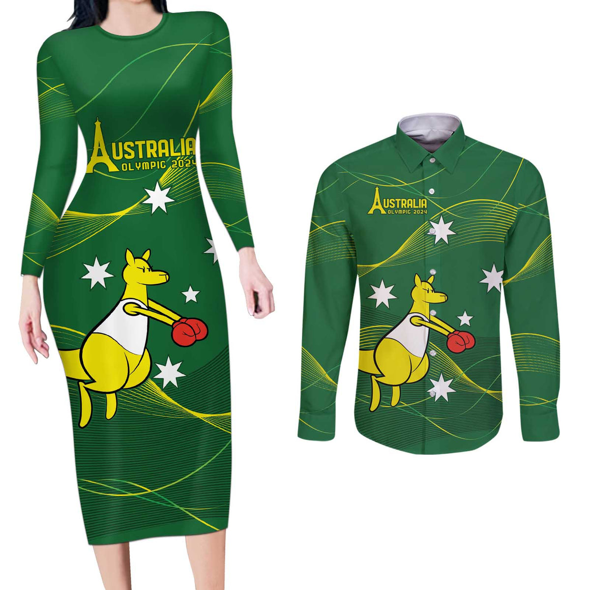 Personalised Australia Go Paris 2024 Couples Matching Long Sleeve Bodycon Dress and Long Sleeve Button Shirt National Color Ver1