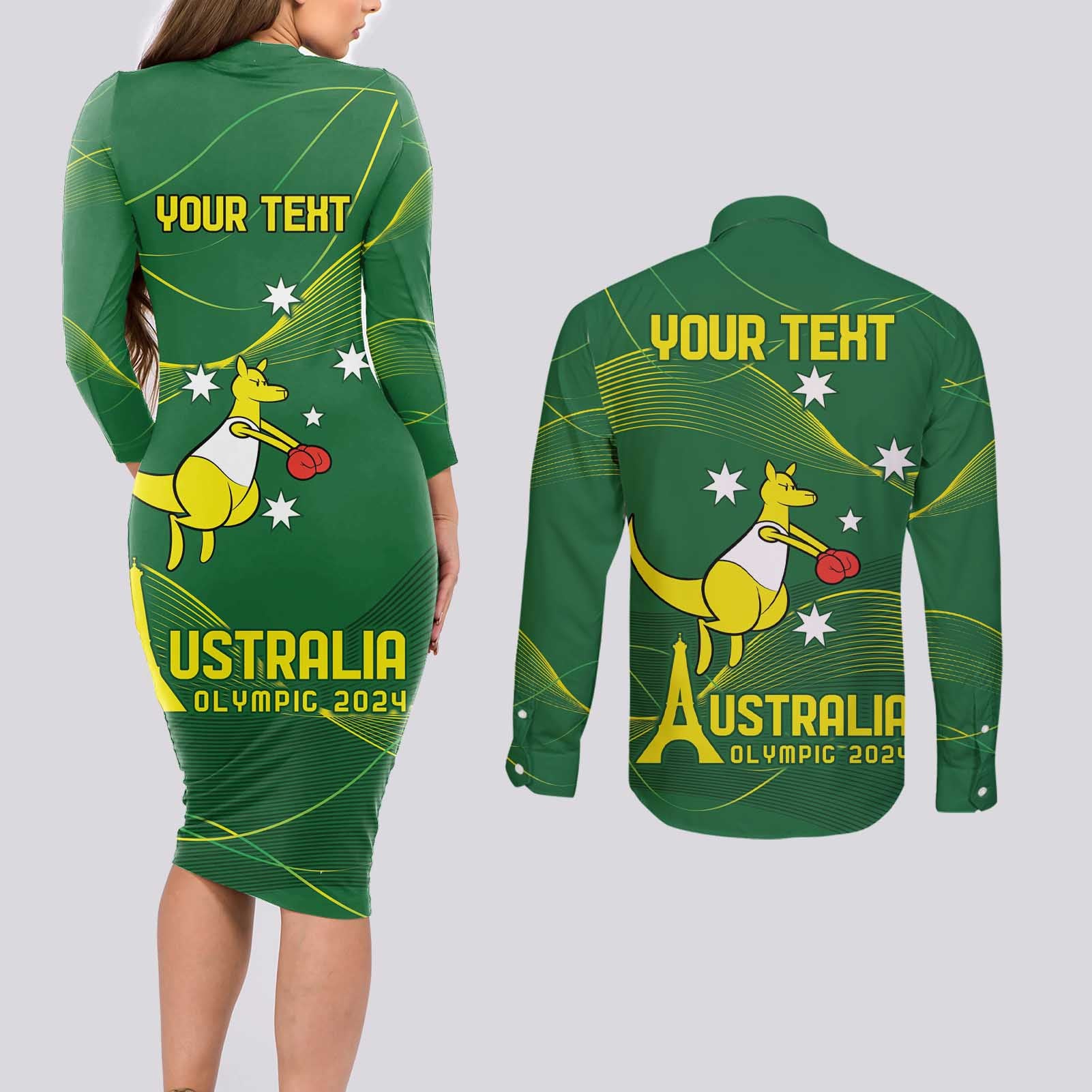 Personalised Australia Go Paris 2024 Couples Matching Long Sleeve Bodycon Dress and Long Sleeve Button Shirt National Color Ver1