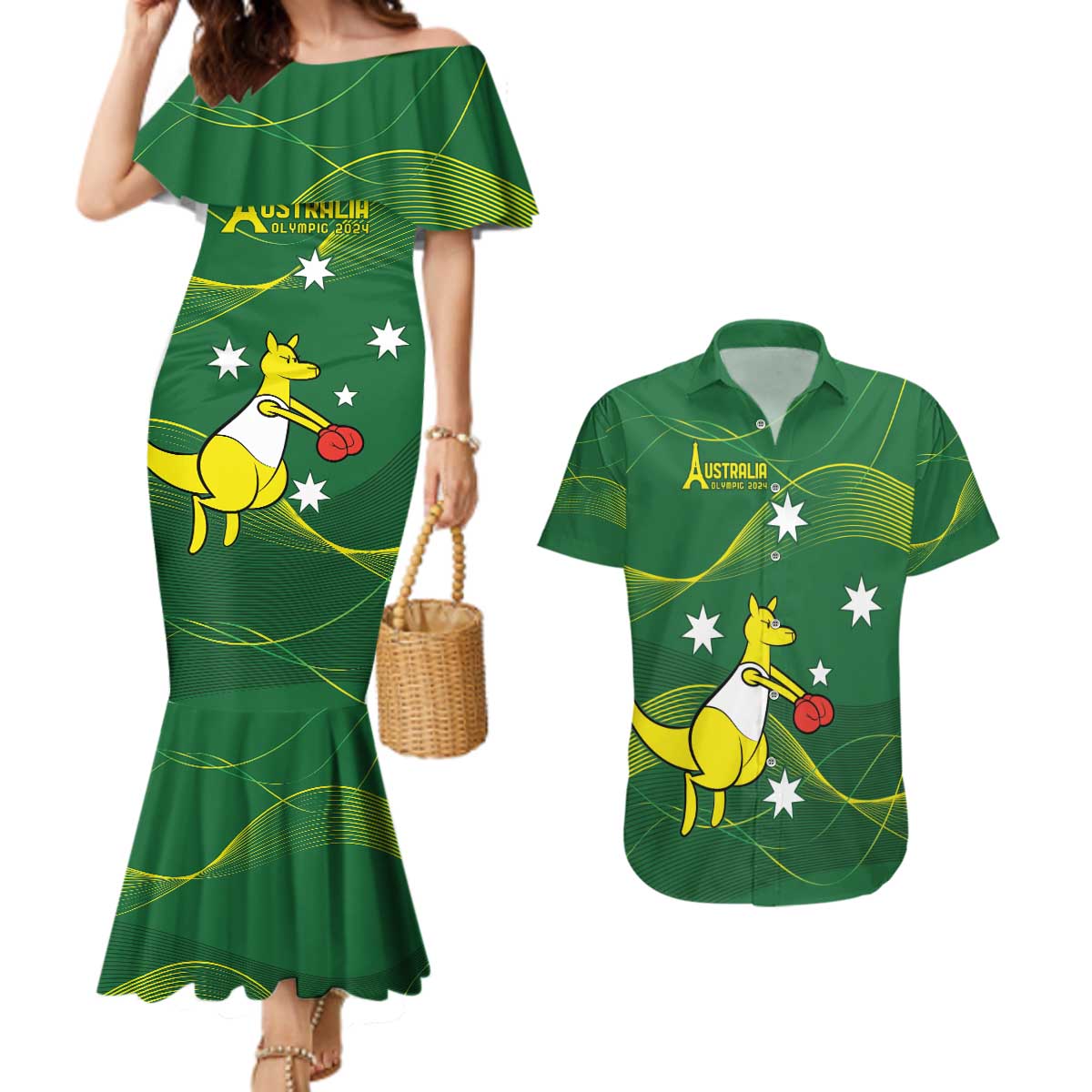 Personalised Australia Go Paris 2024 Couples Matching Mermaid Dress and Hawaiian Shirt National Color Ver1