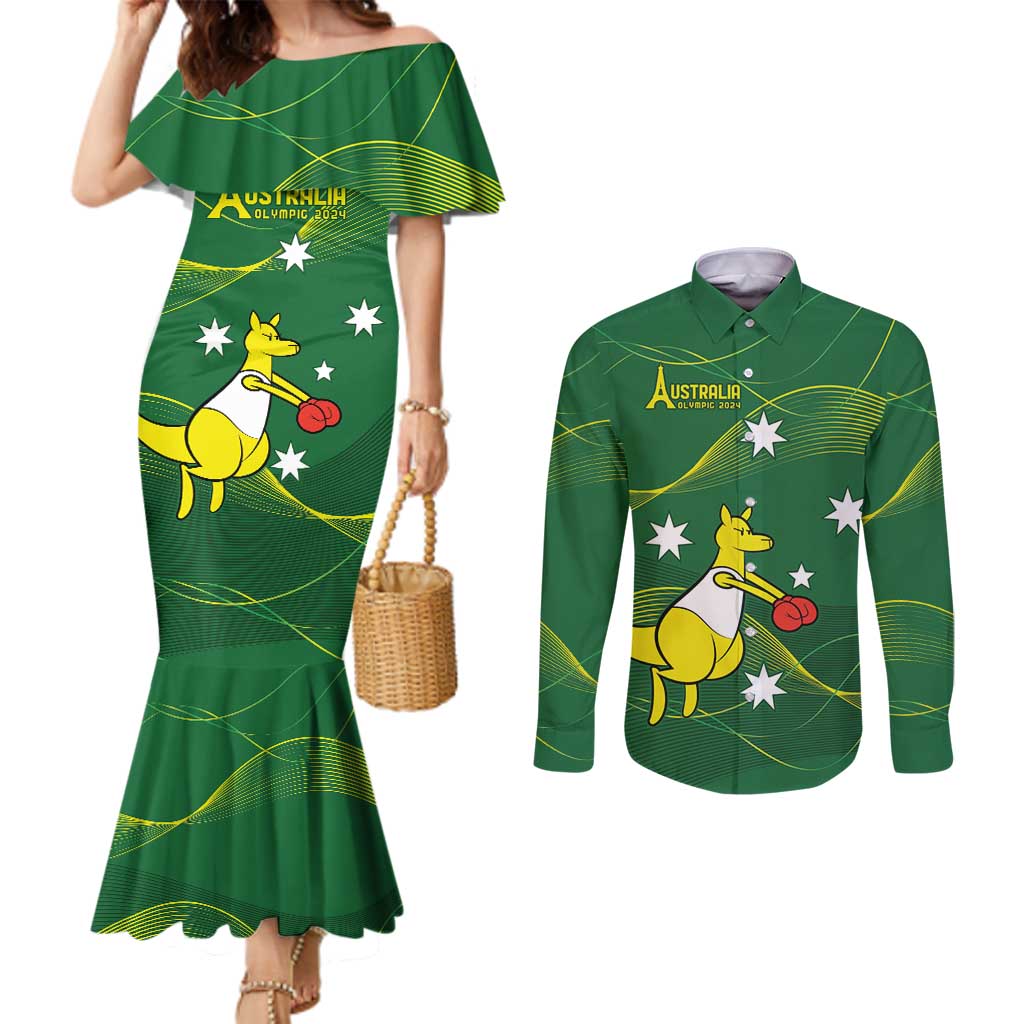 Personalised Australia Go Paris 2024 Couples Matching Mermaid Dress and Long Sleeve Button Shirt National Color Ver1