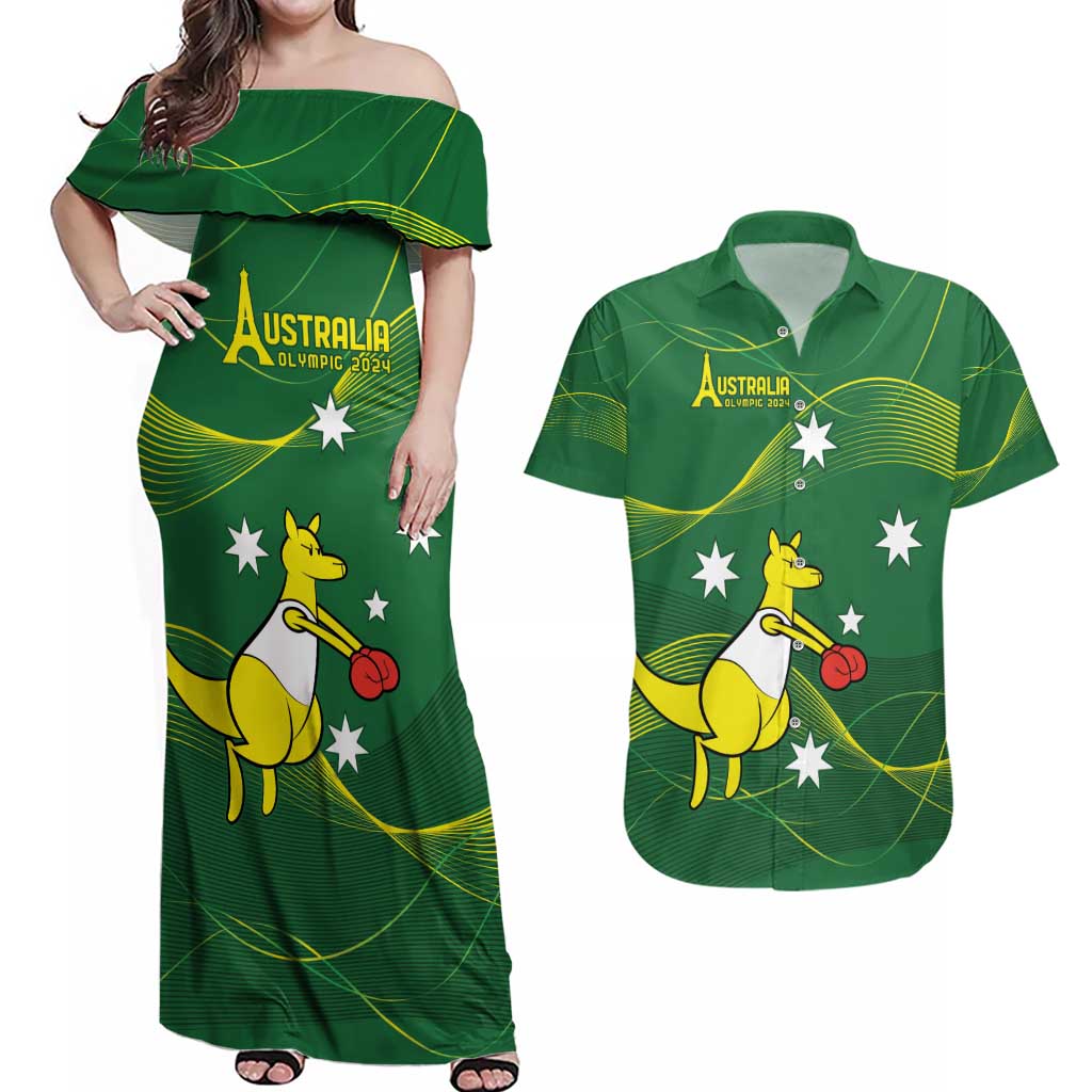 Personalised Australia Go Paris 2024 Couples Matching Off Shoulder Maxi Dress and Hawaiian Shirt National Color Ver1