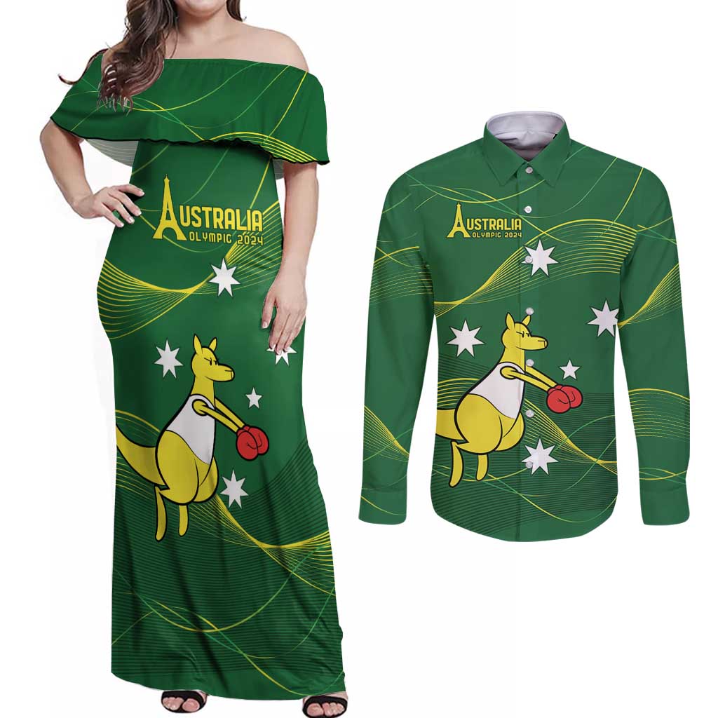Personalised Australia Go Paris 2024 Couples Matching Off Shoulder Maxi Dress and Long Sleeve Button Shirt National Color Ver1