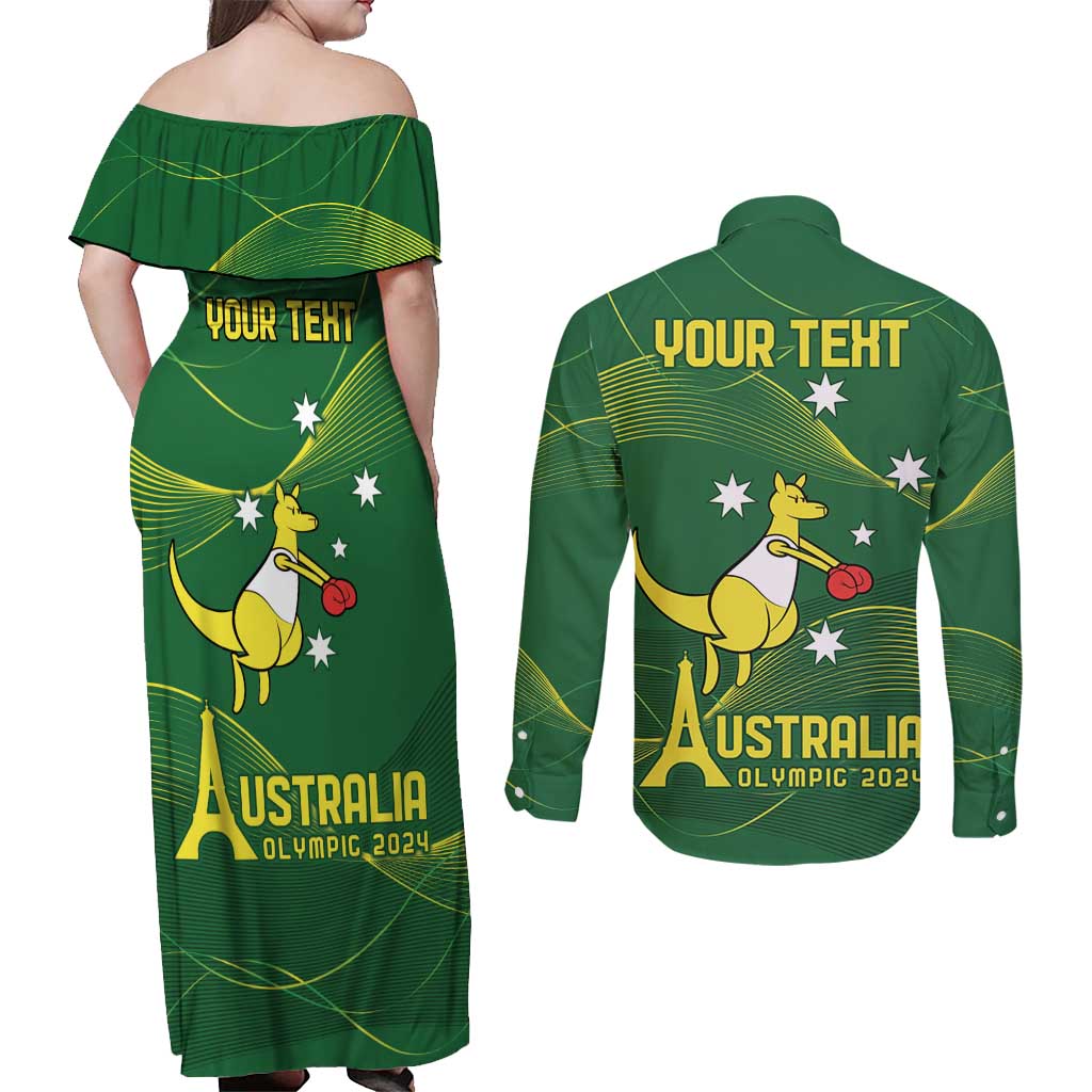 Personalised Australia Go Paris 2024 Couples Matching Off Shoulder Maxi Dress and Long Sleeve Button Shirt National Color Ver1
