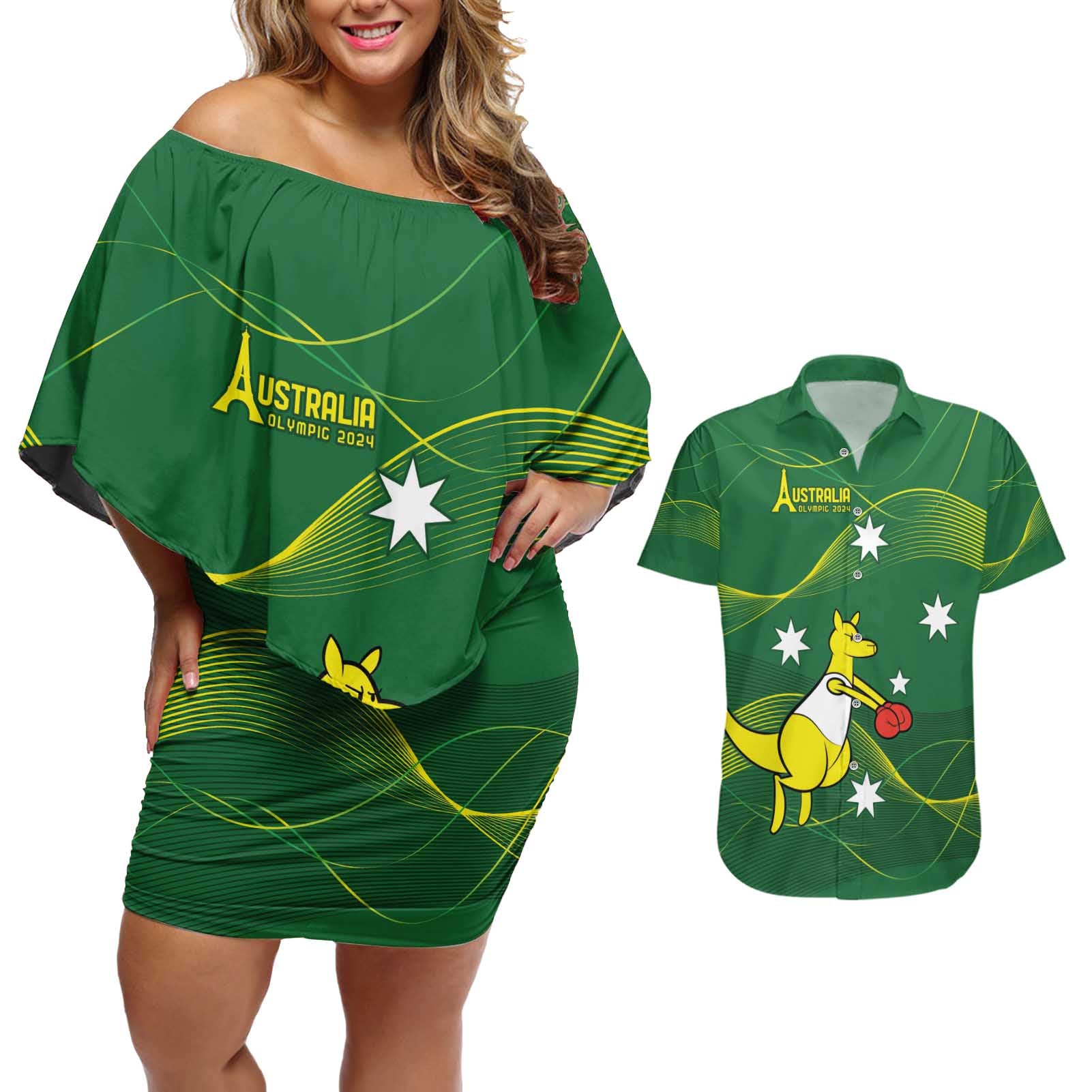 Personalised Australia Go Paris 2024 Couples Matching Off Shoulder Short Dress and Hawaiian Shirt National Color Ver1