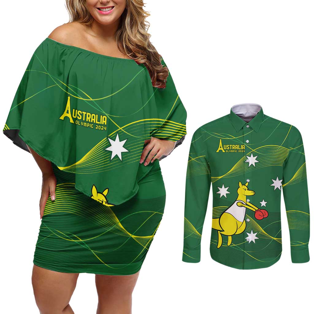 Personalised Australia Go Paris 2024 Couples Matching Off Shoulder Short Dress and Long Sleeve Button Shirt National Color Ver1