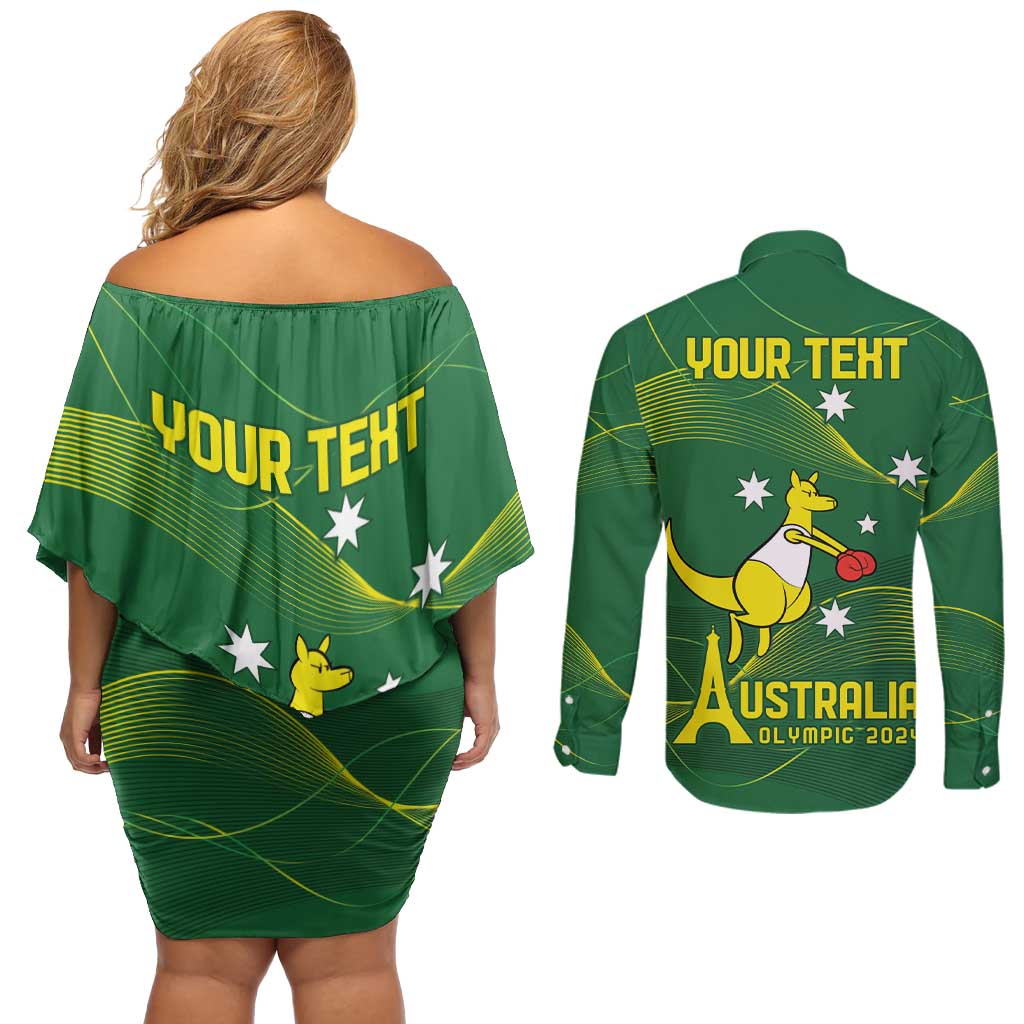 Personalised Australia Go Paris 2024 Couples Matching Off Shoulder Short Dress and Long Sleeve Button Shirt National Color Ver1