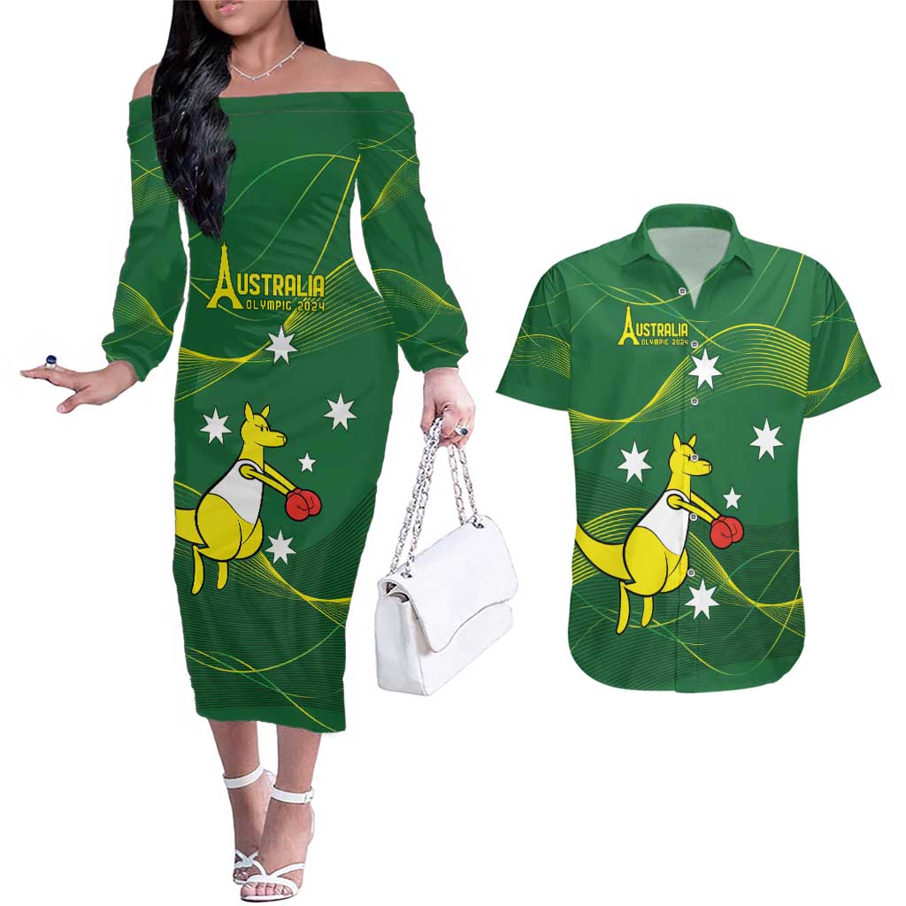 Personalised Australia Go Paris 2024 Couples Matching Off The Shoulder Long Sleeve Dress and Hawaiian Shirt National Color Ver1