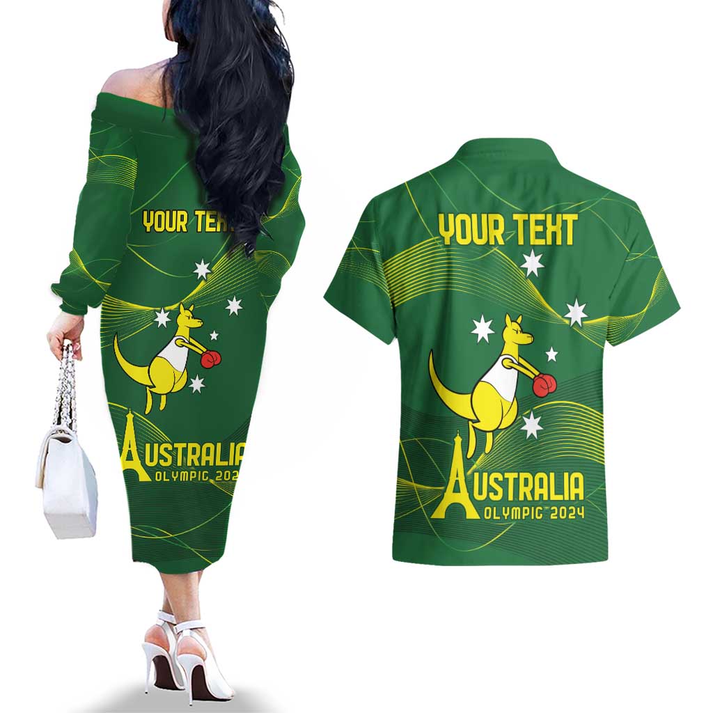 Personalised Australia Go Paris 2024 Couples Matching Off The Shoulder Long Sleeve Dress and Hawaiian Shirt National Color Ver1