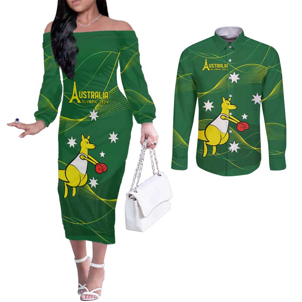 Personalised Australia Go Paris 2024 Couples Matching Off The Shoulder Long Sleeve Dress and Long Sleeve Button Shirt National Color Ver1