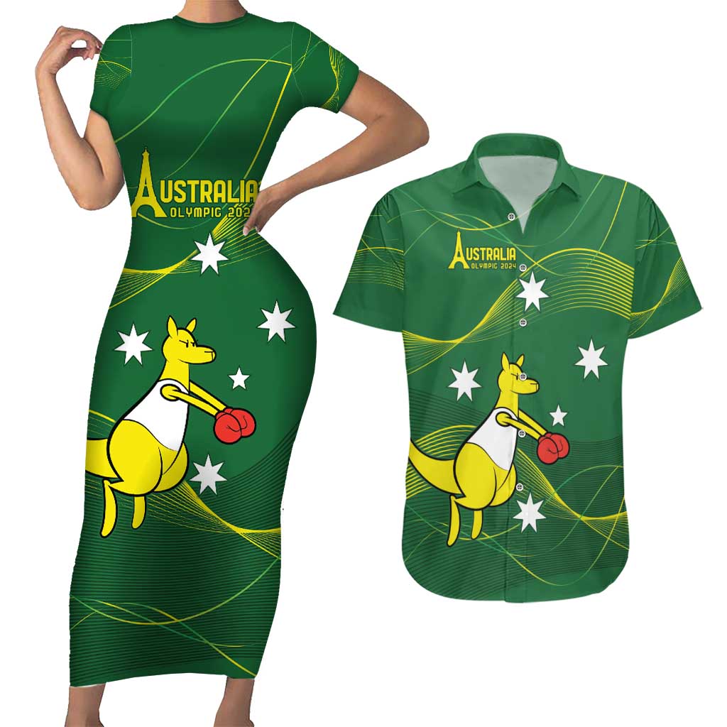 Personalised Australia Go Paris 2024 Couples Matching Short Sleeve Bodycon Dress and Hawaiian Shirt National Color Ver1