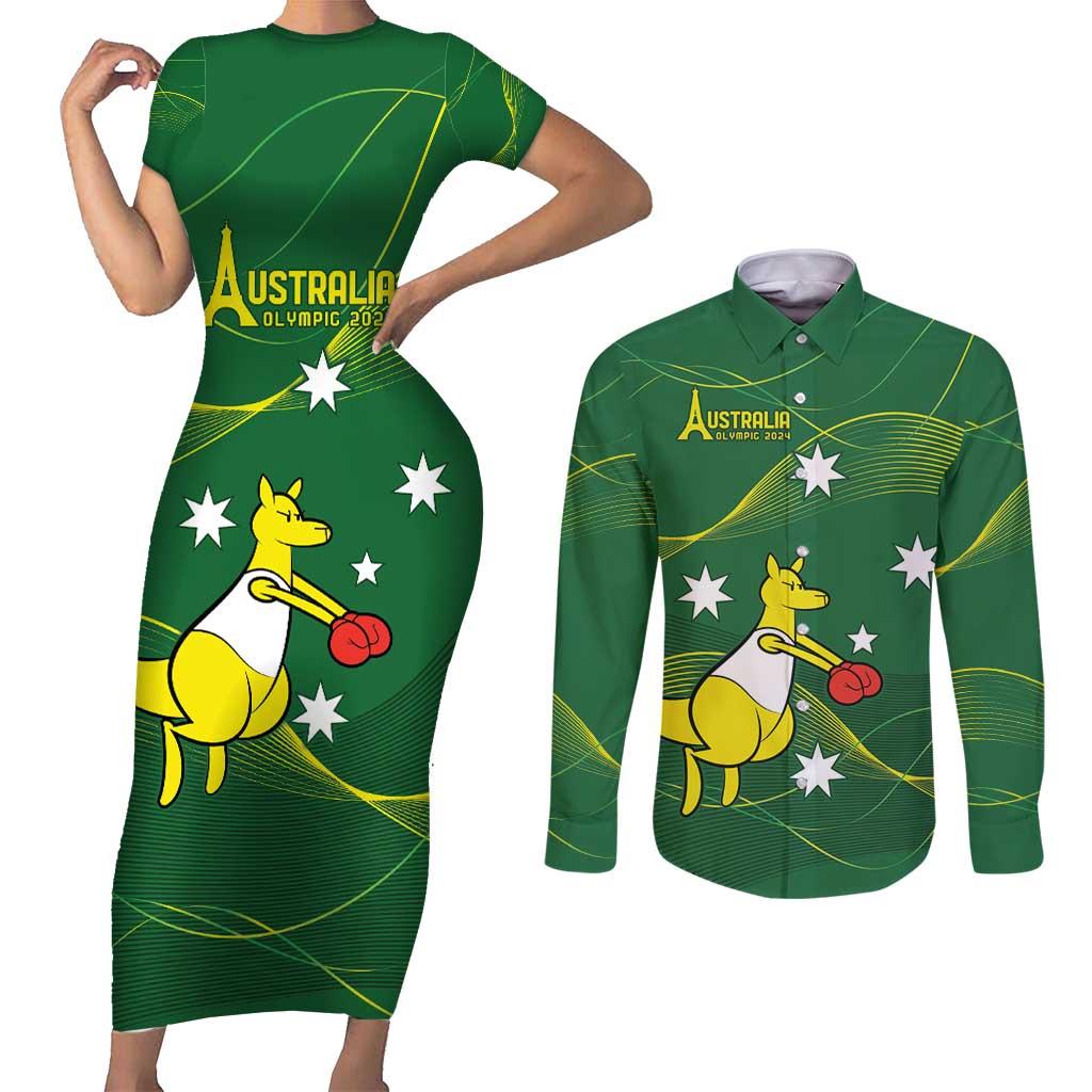 Personalised Australia Go Paris 2024 Couples Matching Short Sleeve Bodycon Dress and Long Sleeve Button Shirt National Color Ver1