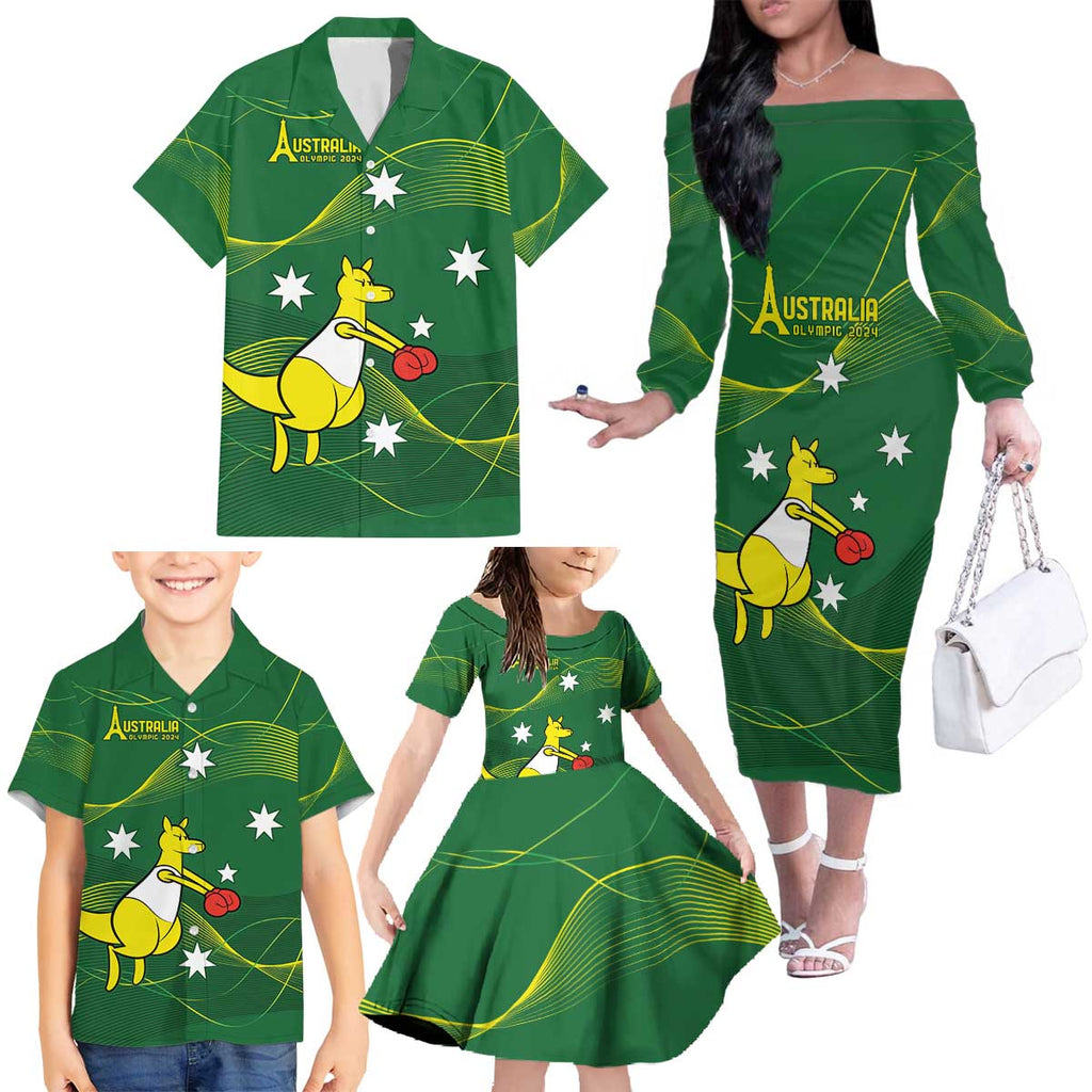 Personalised Australia Go Paris 2024 Family Matching Off The Shoulder Long Sleeve Dress and Hawaiian Shirt National Color Ver1