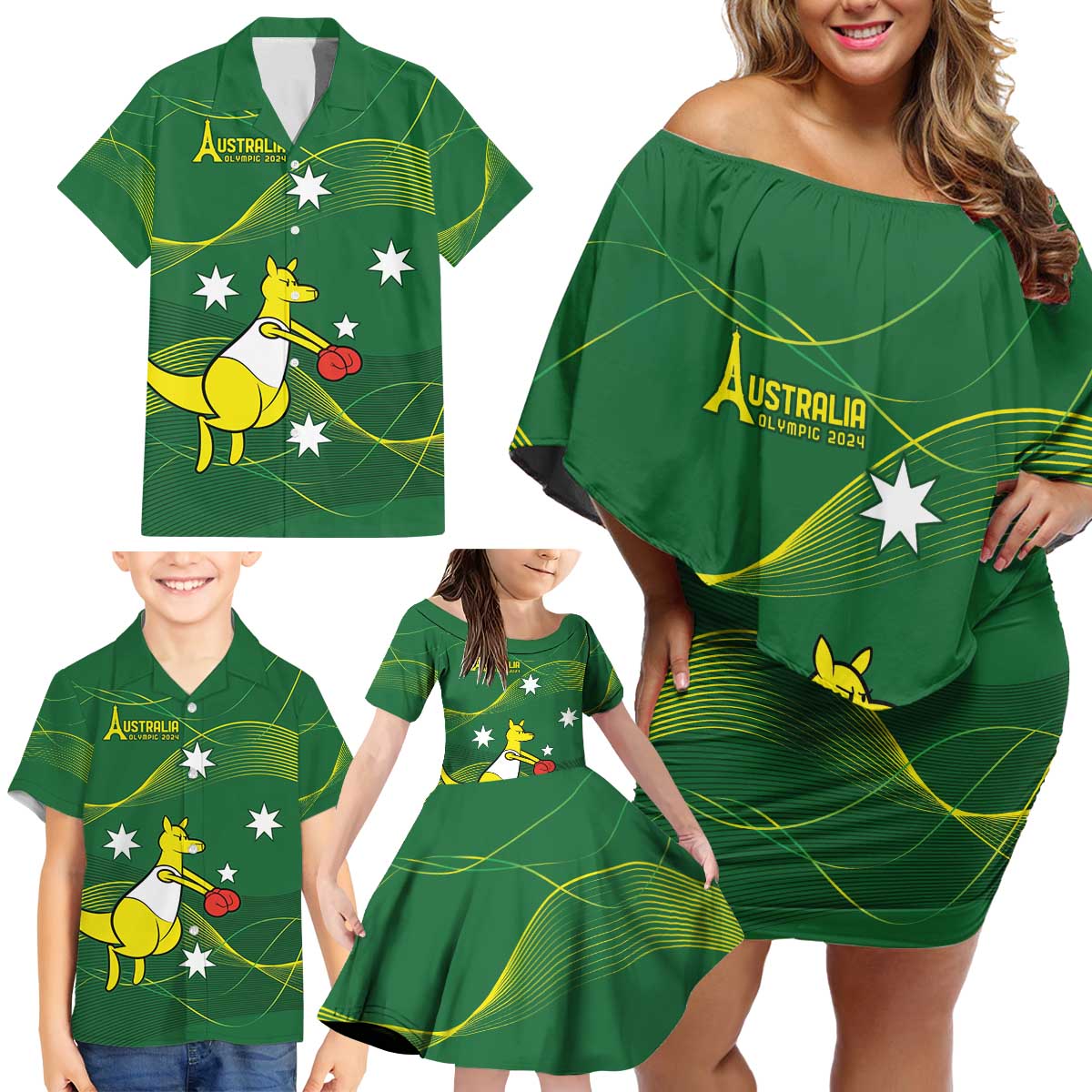 Personalised Australia Go Paris 2024 Family Matching Off Shoulder Short Dress and Hawaiian Shirt National Color Ver1
