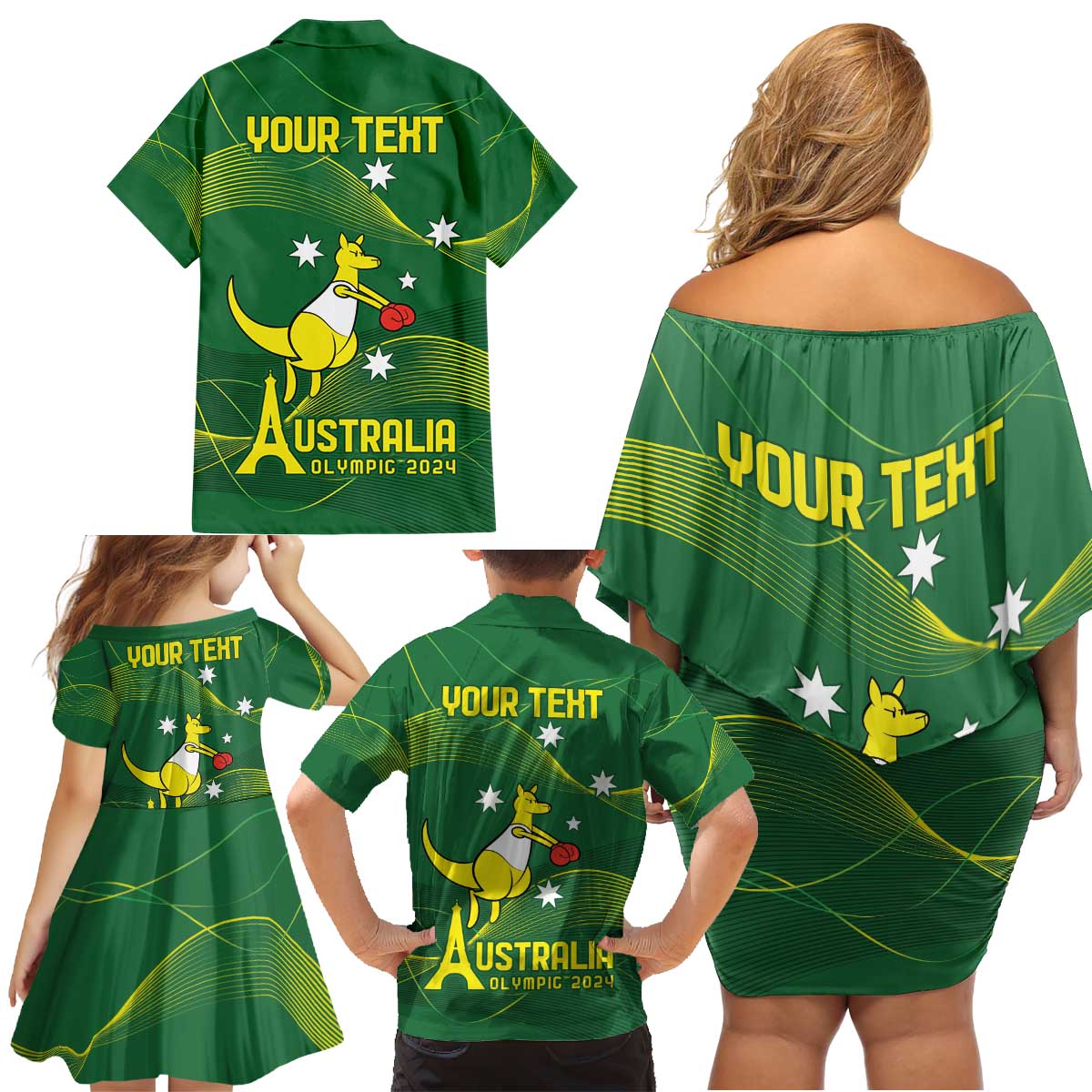 Personalised Australia Go Paris 2024 Family Matching Off Shoulder Short Dress and Hawaiian Shirt National Color Ver1