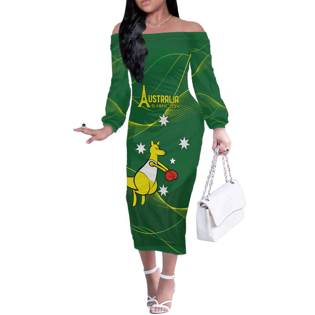 Personalised Australia Go Paris 2024 Off The Shoulder Long Sleeve Dress National Color Ver1