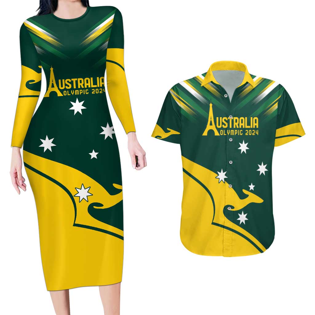 Personalised Australia Go Paris 2024 Couples Matching Long Sleeve Bodycon Dress and Hawaiian Shirt National Color Ver2