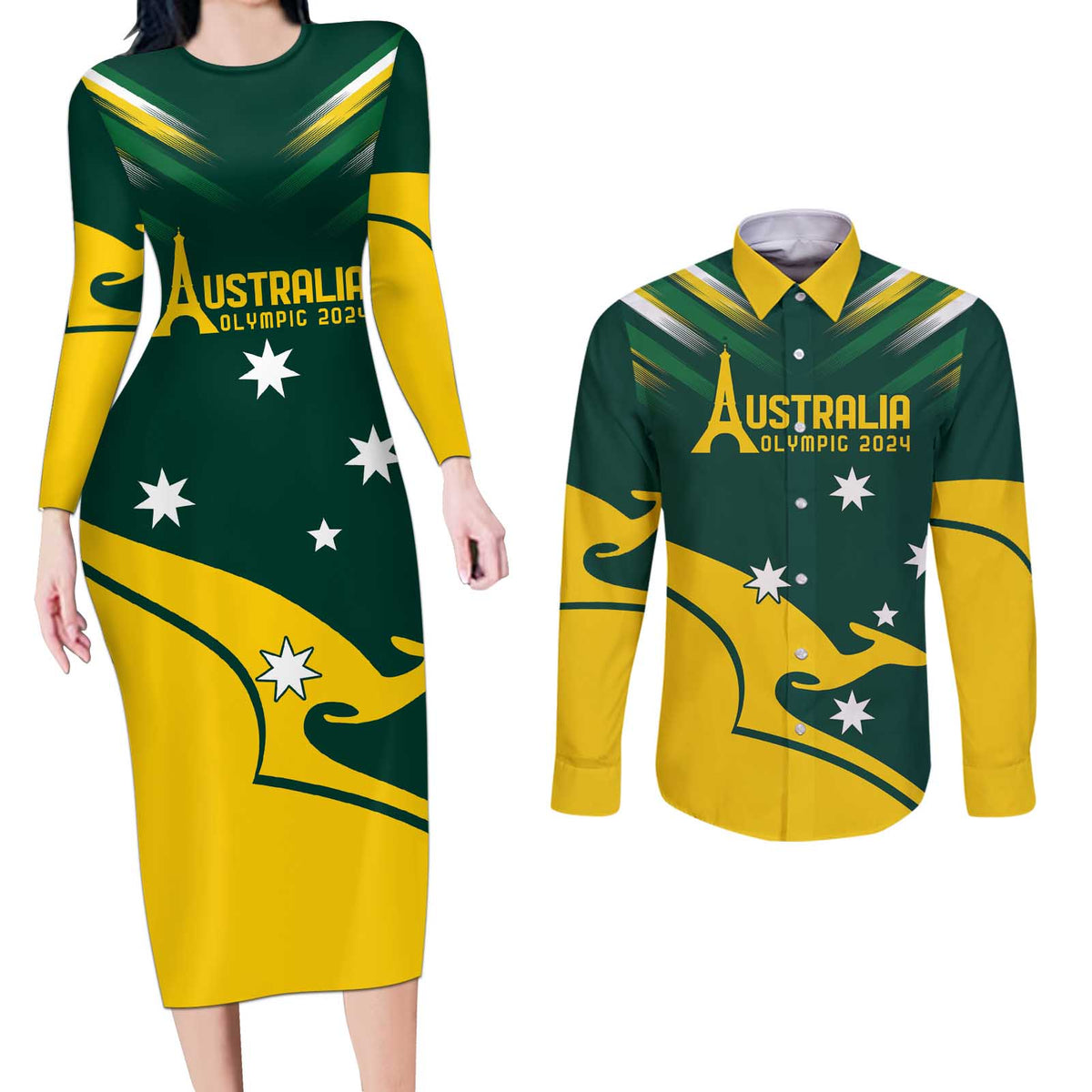 Personalised Australia Go Paris 2024 Couples Matching Long Sleeve Bodycon Dress and Long Sleeve Button Shirt National Color Ver2
