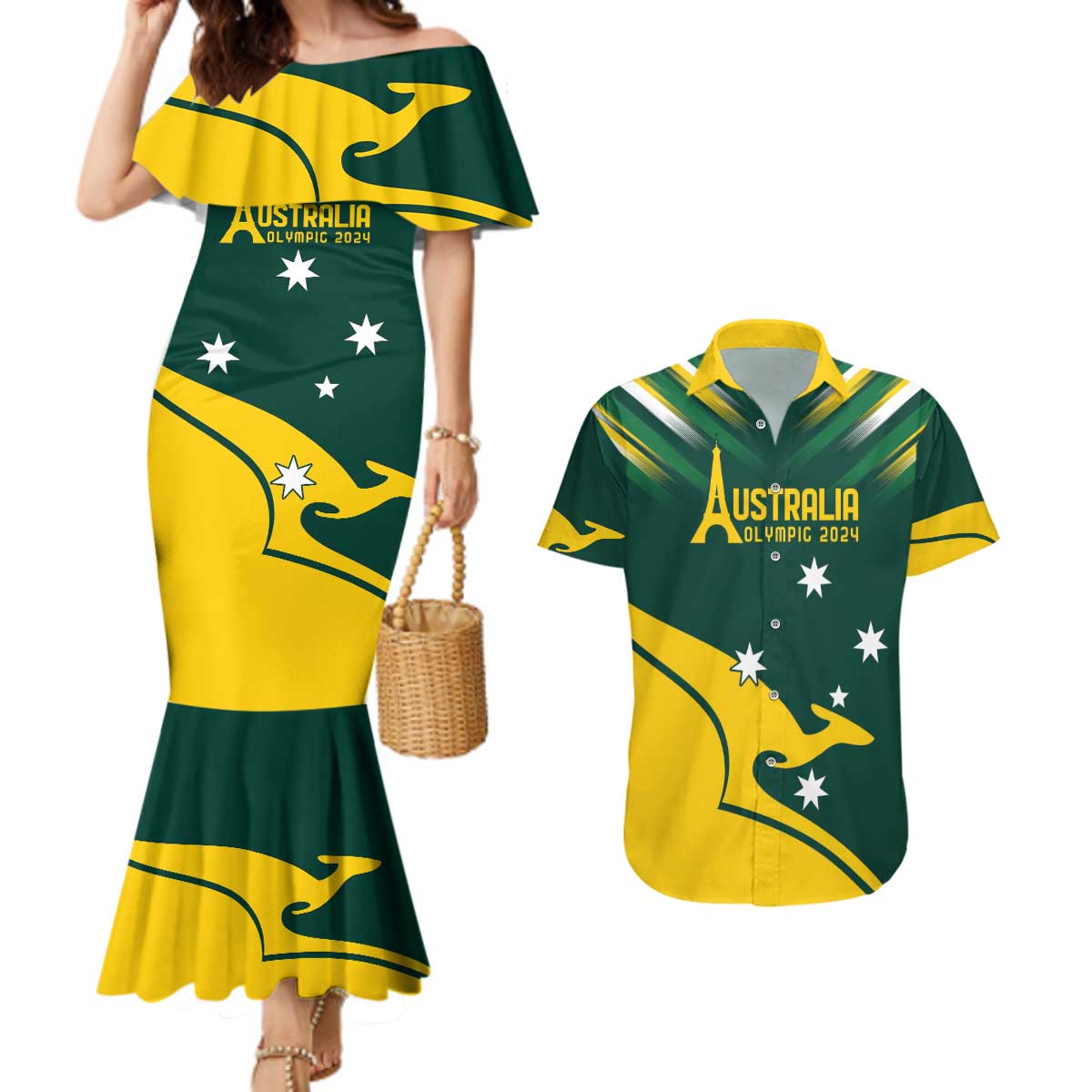 Personalised Australia Go Paris 2024 Couples Matching Mermaid Dress and Hawaiian Shirt National Color Ver2
