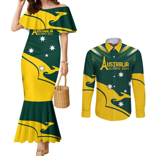 Personalised Australia Go Paris 2024 Couples Matching Mermaid Dress and Long Sleeve Button Shirt National Color Ver2