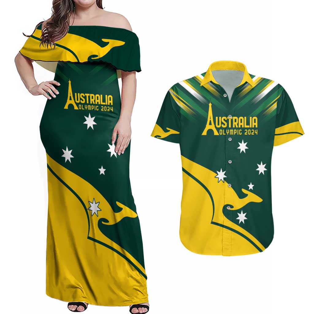 Personalised Australia Go Paris 2024 Couples Matching Off Shoulder Maxi Dress and Hawaiian Shirt National Color Ver2