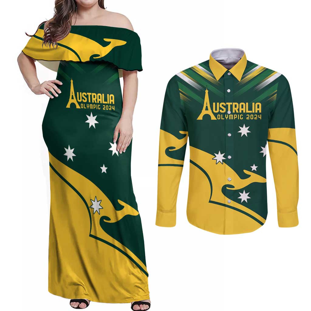 Personalised Australia Go Paris 2024 Couples Matching Off Shoulder Maxi Dress and Long Sleeve Button Shirt National Color Ver2