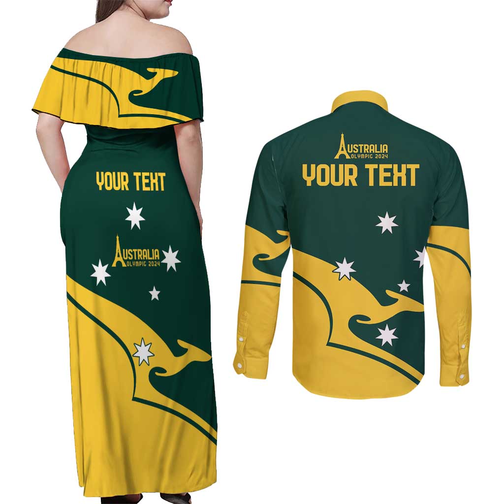 Personalised Australia Go Paris 2024 Couples Matching Off Shoulder Maxi Dress and Long Sleeve Button Shirt National Color Ver2