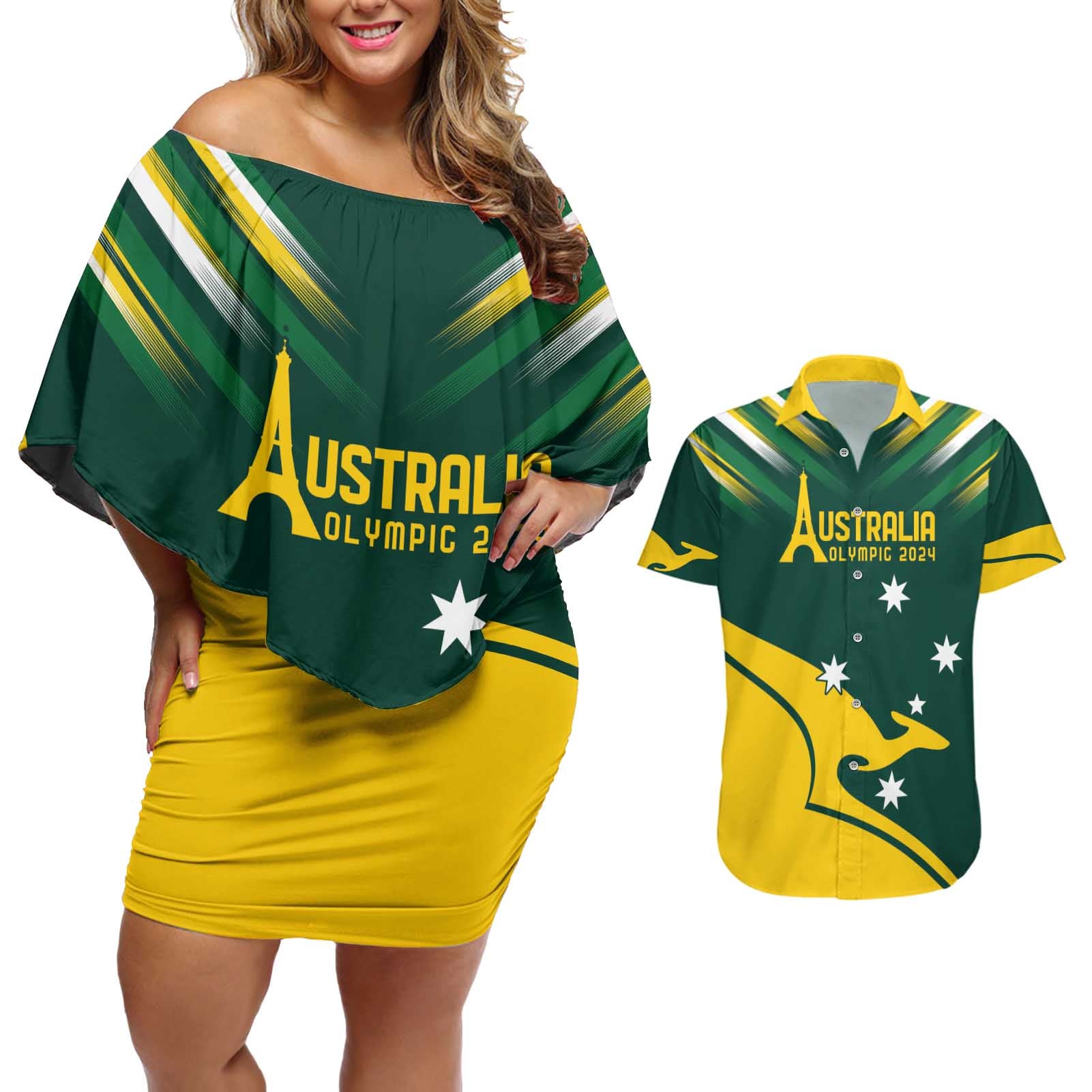 Personalised Australia Go Paris 2024 Couples Matching Off Shoulder Short Dress and Hawaiian Shirt National Color Ver2