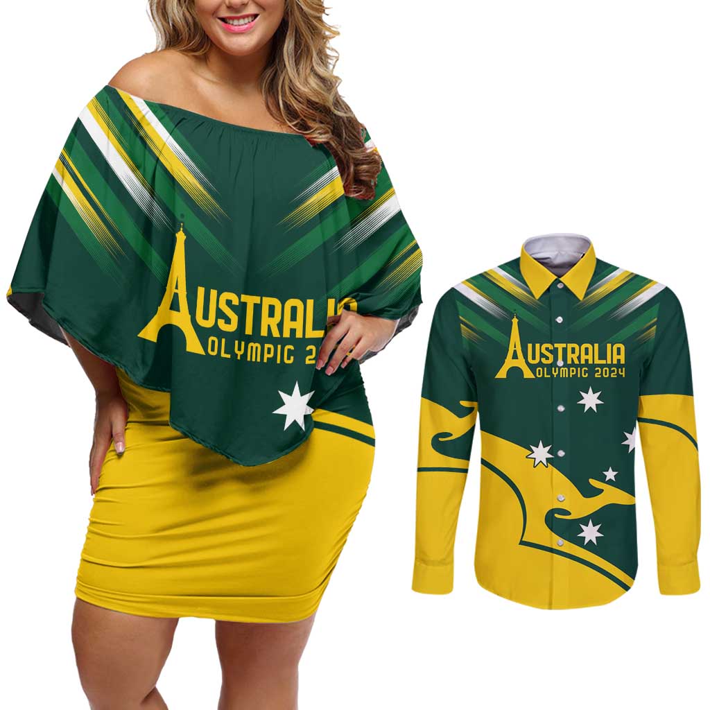 Personalised Australia Go Paris 2024 Couples Matching Off Shoulder Short Dress and Long Sleeve Button Shirt National Color Ver2